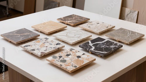 Various square marble tiles displayed on a white table, showcasing different colors and patterns, including beige, gray, and black with intricate veining and textures