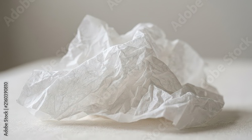 Crumpled white tissue paper, wrinkled paper napkin on neutral background, discarded soft facial tissue for hygiene and waste concepts