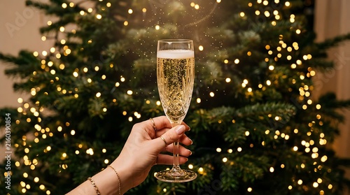 Hand holding a glass of champagne with festive christmas tree lights in the background, celebrating a holiday toast with sparkling wine