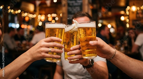 Friends toasting with glasses of beer in a pub