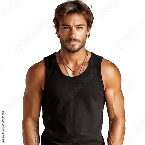 A young adult Caucasian male with a muscular build, wearing a black sleeveless shirt and necklaces, looks directly at the camera