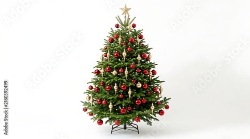 Beautiful christmas tree decorated with red and gold ornaments isolated on white background
