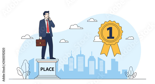 Pensive businessman standing on a pedestal marked place next to a giant gold award ribbon with the number one.