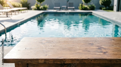 Wooden Table by Swimming Pool with Sunlit Water for Outdoor Lifestyle