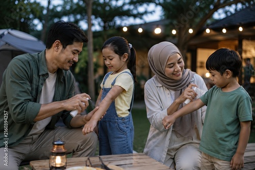 Family Using Mosquito Repellent Outdoors