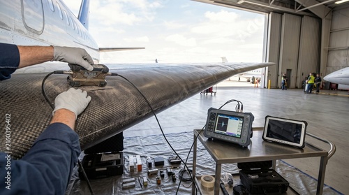Engineer hands scanning aircraft wing with non-destructive testing equipment during maintenance inspection in hangar