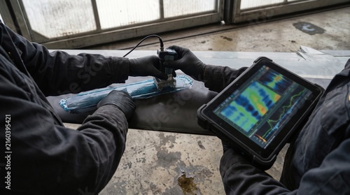 Hands scanning aircraft wing with ultrasonic sensor and tablet for non-destructive maintenance inspection in a hangar