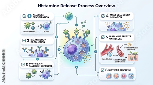 Histamine release process medical infographic showing immune response
