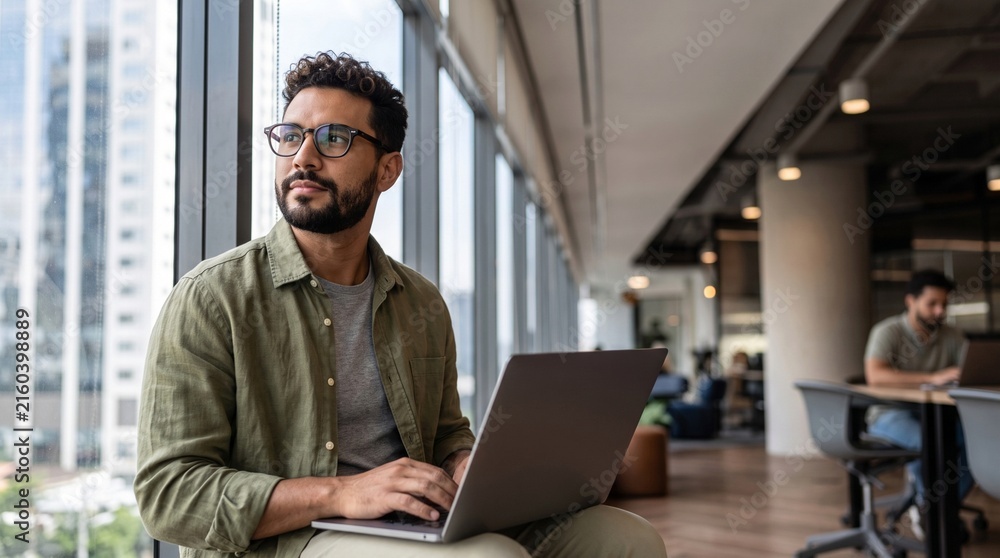 Fototapeta premium Thoughtful man looking out window while working on laptop
