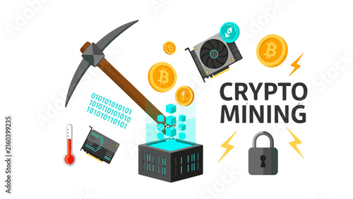 Crypto Mining Concept Illustration with Hardware and Bitcoin Coins