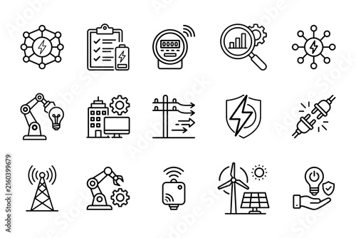 Smart grid energy management outline icon set featuring network hub, smart meter, analytics search, robotic arm, power lines, and security shield. Vector illustration for utility industry use.