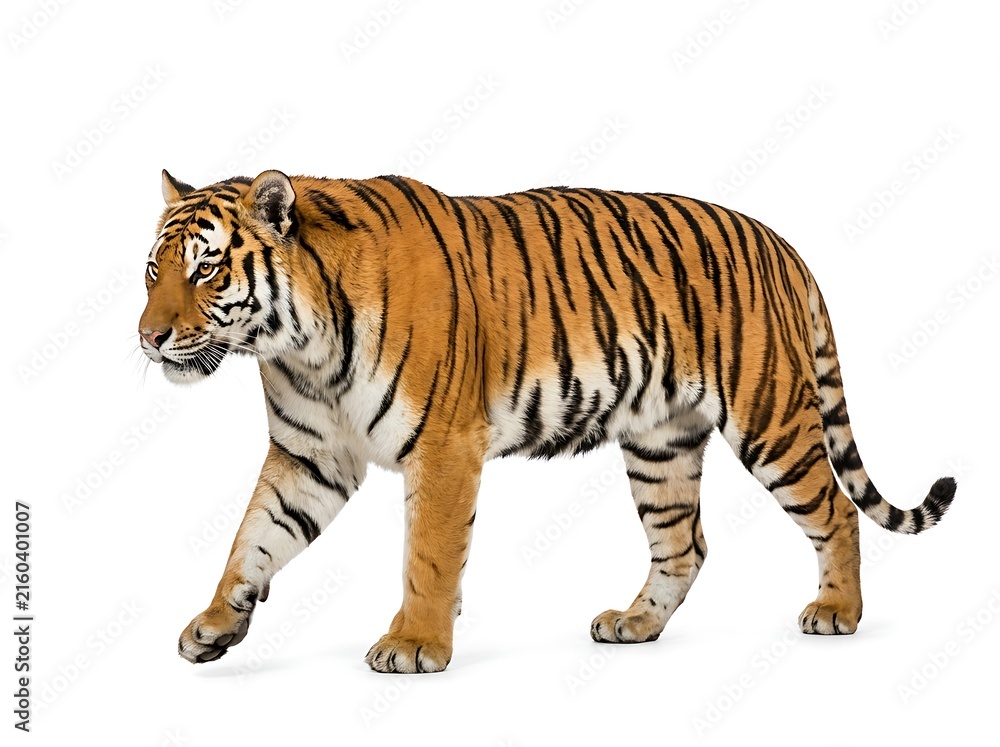 Obraz premium A magnificent black-striped tiger is seen strolling on a white backdrop.