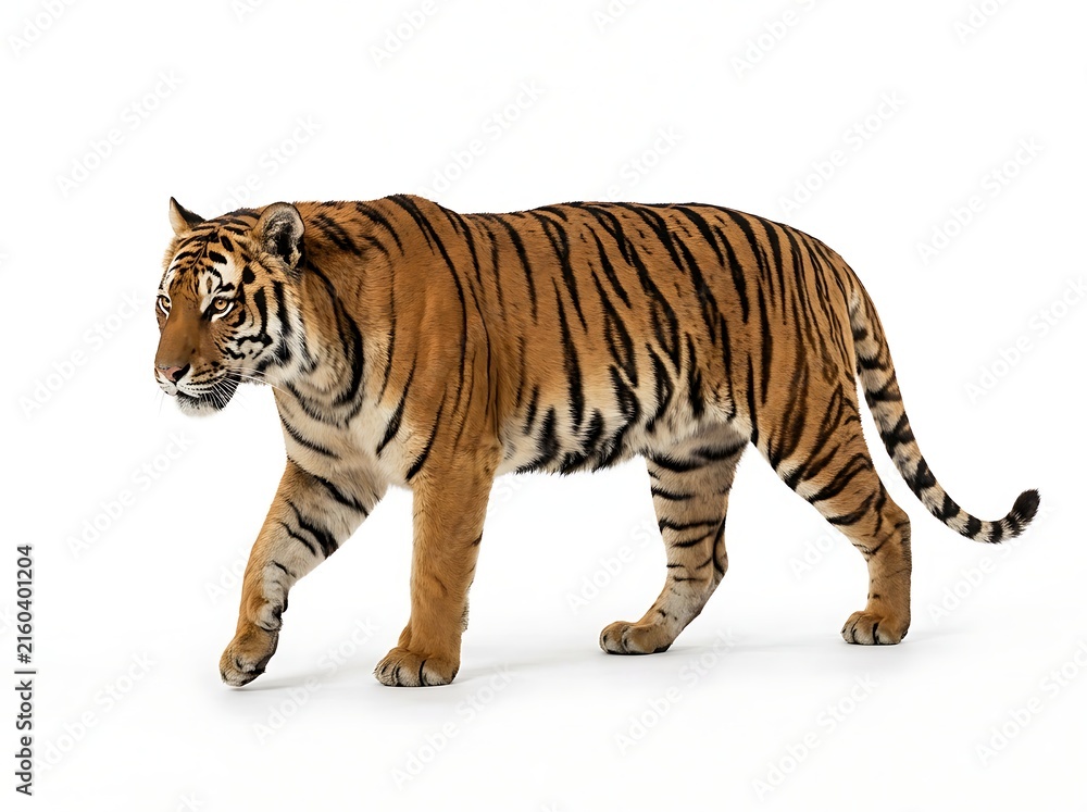 Obraz premium A magnificent black-striped tiger is seen strolling on a white backdrop.