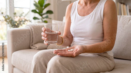 Senior woman sits on sofa at home holding water glass and pills for daily medication routine