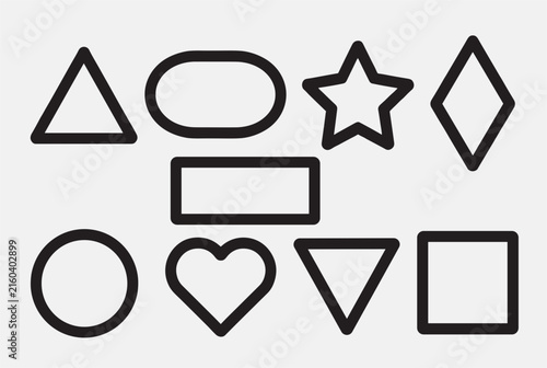 Basic geometric shapes with thick black outlines on a light background for educational worksheets and children learning.