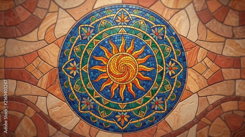 Thai Style Ornamental Painting with Floral Mandala Pattern, Antique Gold Mosaic Decoration and Oriental Ethnic Art Design on a Vintage Round Plate:::