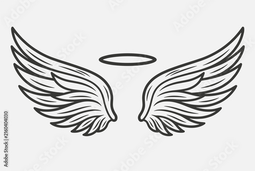 Pair of angel wings with circular halo hand drawn sketch style line art vector illustration isolated on background.