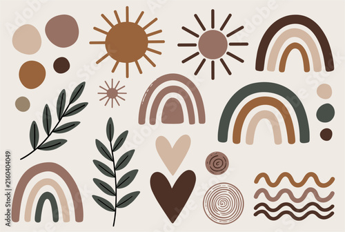 Boho abstract element collection with rainbows sun hearts leaf branch and wavy lines in earth tones vector.
