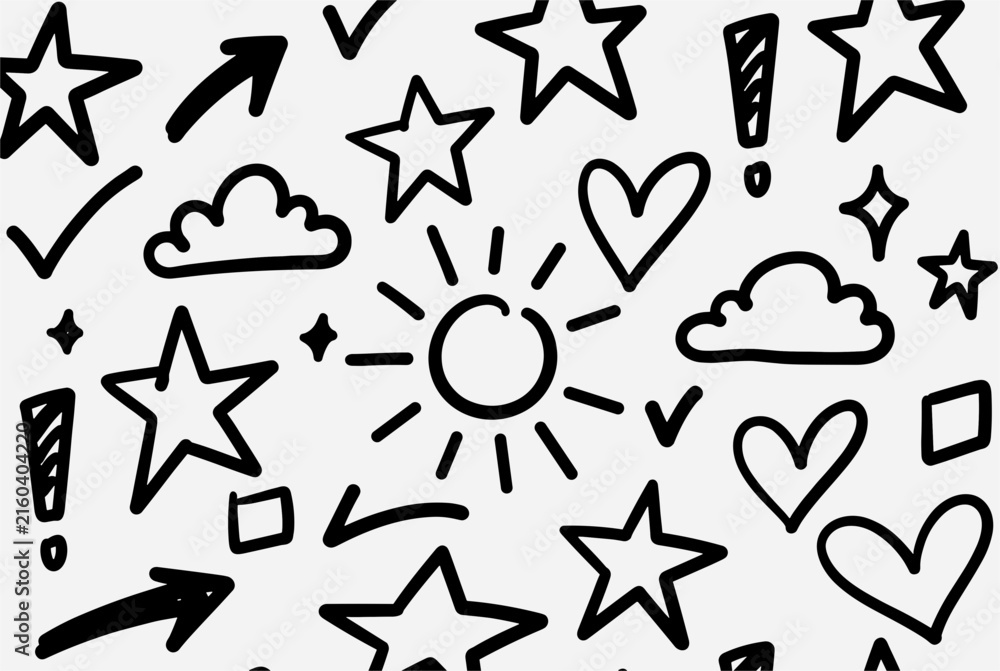 Fototapeta premium Abstract doodle pattern with hand-drawn sun, hearts, stars, clouds, and exclamation marks, ideal for creative backgrounds.