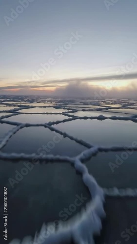 Vertical video: Panning camera revealing polygon salt crust ridges and shallow pools at dawn