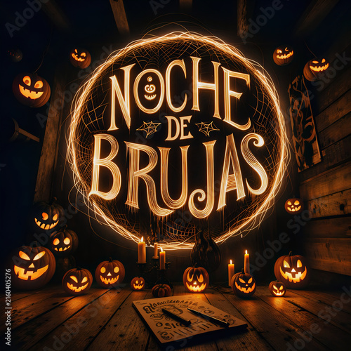 Texto de Noche de Brujas hecho de luces en fondo terrorífico