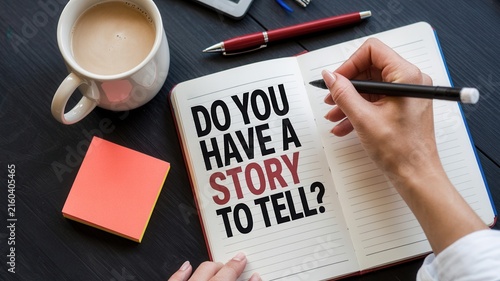 Person writing Do You Have A Story To Tell in a notebook on a desk with coffee