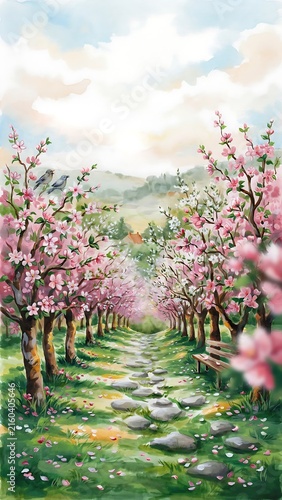 Watercolor painting of a blooming cherry blossom orchard path with stone walkway.