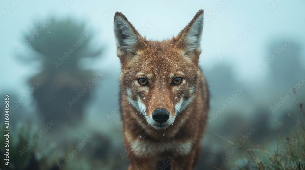 Fototapeta premium Ethiopian wolf with striking eyes gazes forward in misty highlands