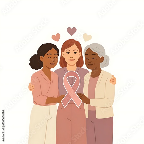 Diverse women supporting breast cancer awareness with pink ribbon illustration
