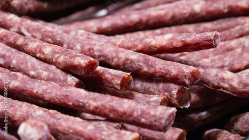 Close-up of traditional Italian sausage at a farmers' market