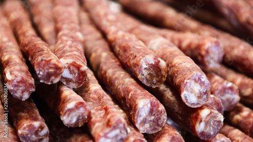 Close-up of traditional Italian sausage at a farmers' market