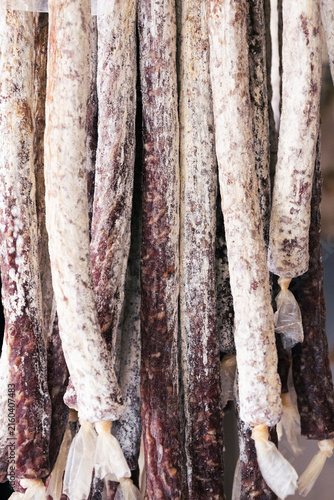 Close-up of traditional Italian sausage at a farmers' market