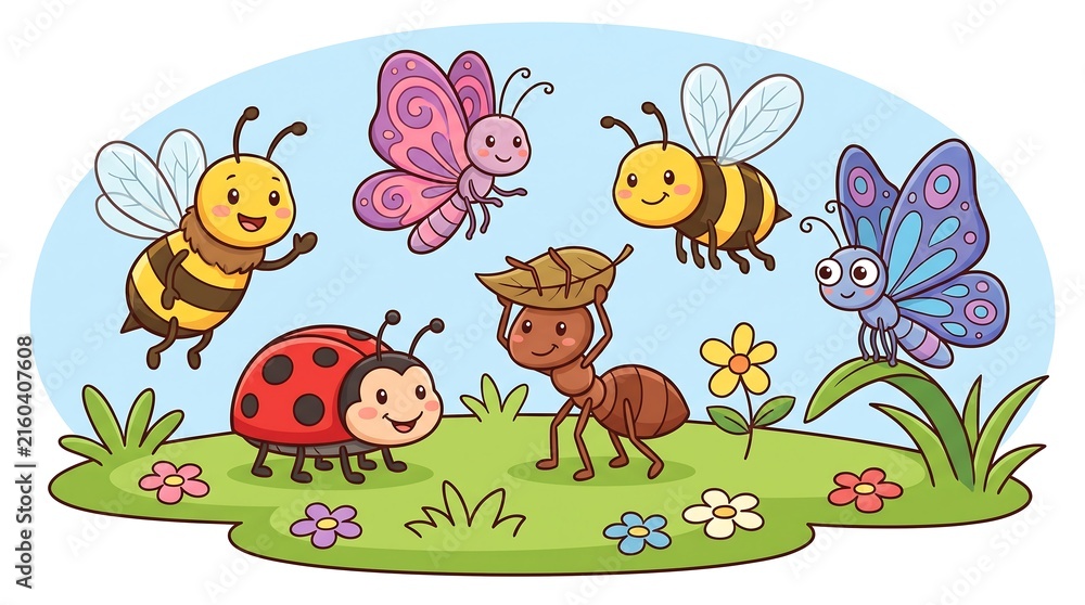 Fototapeta premium Cute cartoon insects in a summer meadow, friendly garden bugs collection, colorful butterflies and bees illustration for kids