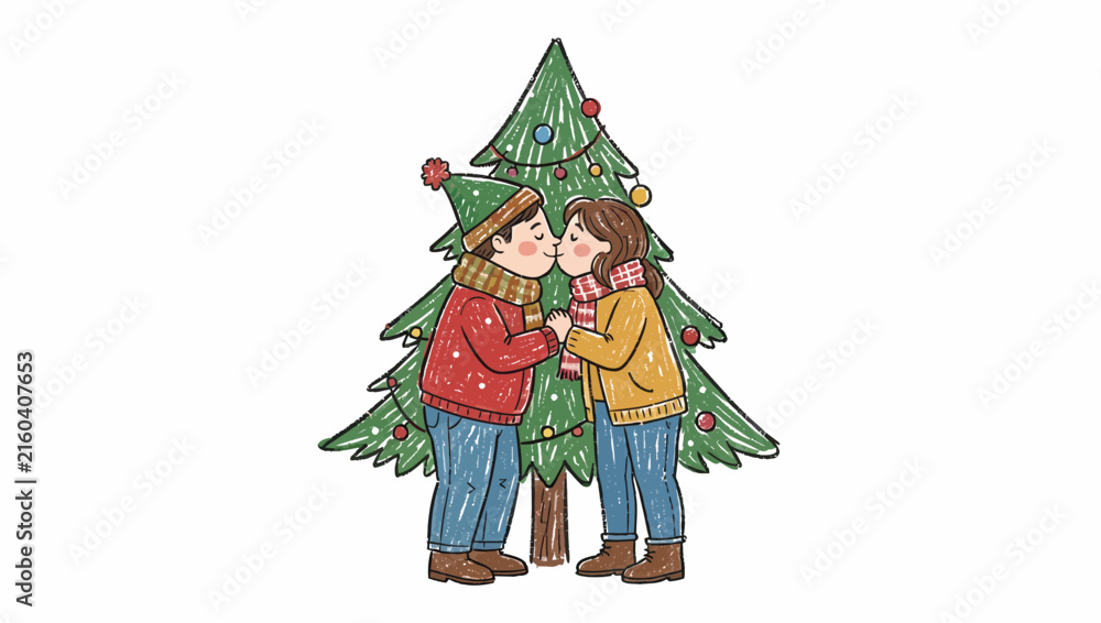 Fototapeta premium Children Hugging Beside Christmas Tree Illustration.