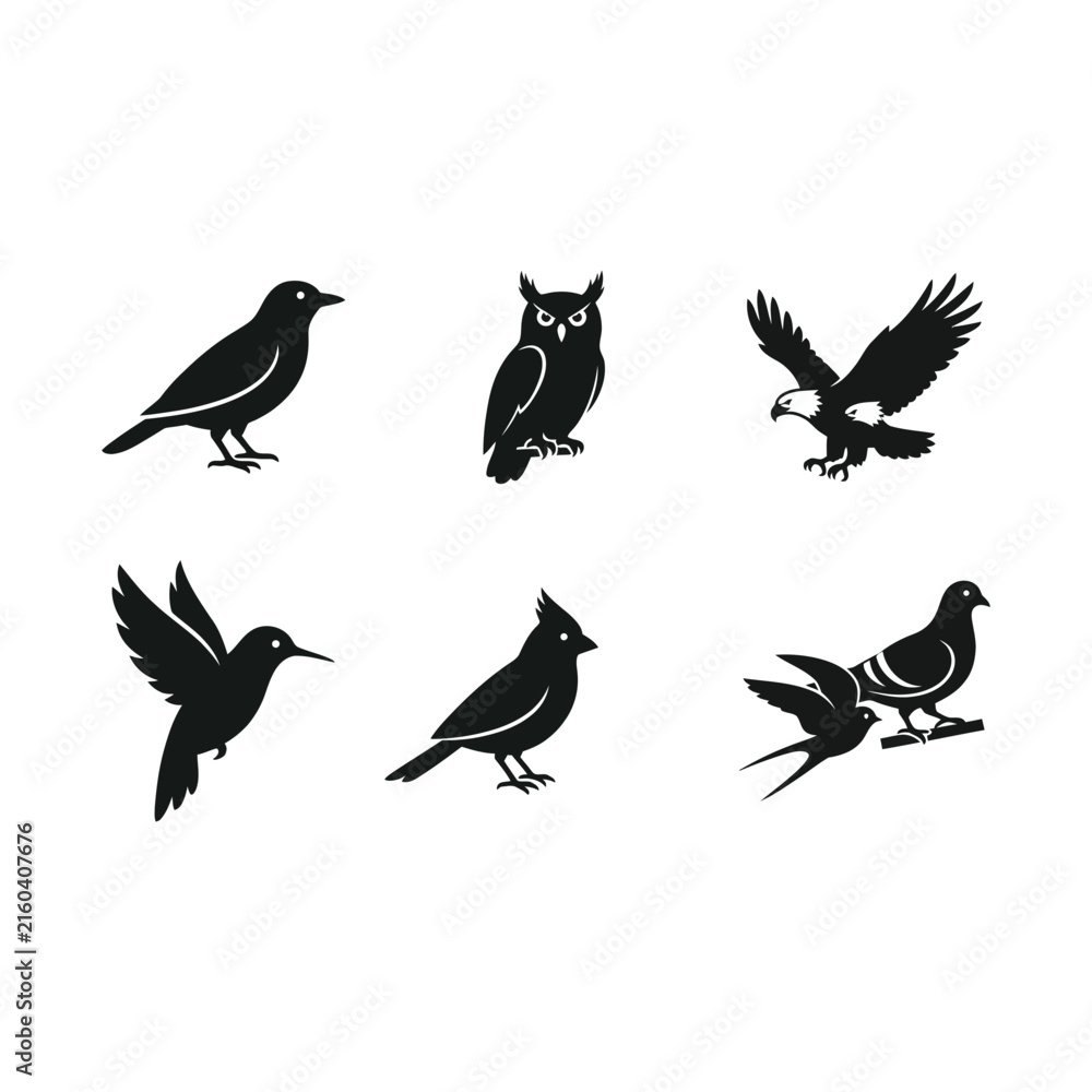 Fototapeta premium Collection of black bird silhouettes against a dark background avian