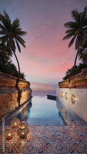 Luxury infinity pool at sunset with palm trees and glowing lanterns in tropical resort