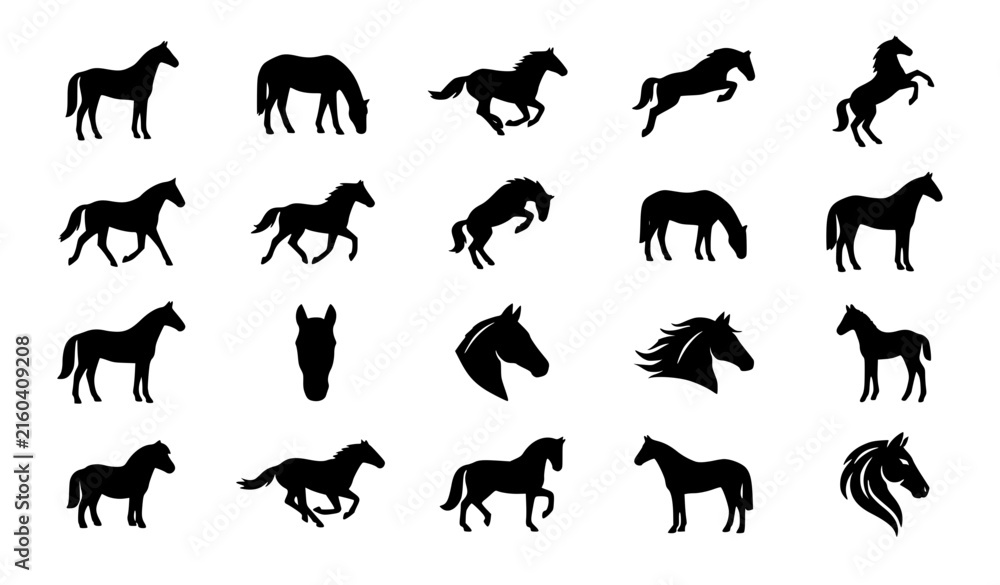Obraz premium Minimal Horse Silhouette Vector Icon Set with Equestrian and Racing Animal Symbols