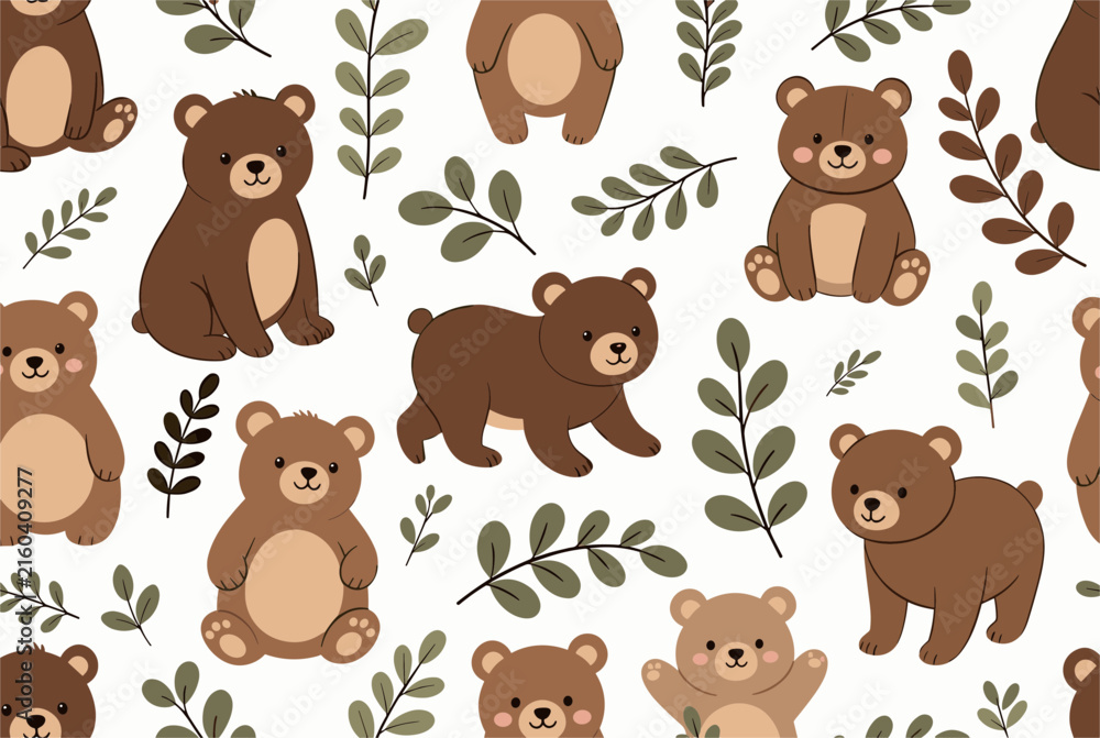 Fototapeta premium Seamless repeating pattern featuring cute brown teddy bears in various poses and delicate green branches on a white background.