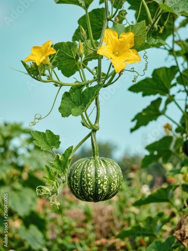 Close up of a young striped pumpkin growing on the vine with vibrant yellow blossoms and lush green foliage in a garden setting