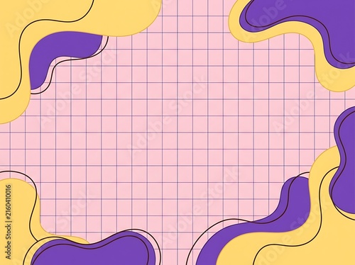 Abstract background with purple and yellow organic shapes on a soft pink grid pattern backdrop