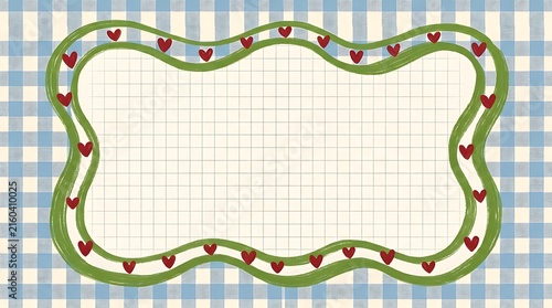 Decorative frame with a wavy border and small red hearts on a blue and white checkered background