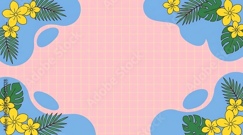Abstract background with soft pink central shape surrounded by blue corners and yellow tropical flower accents