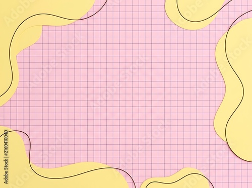 Abstract background with soft pastel pink grid pattern and organic yellow shapes for creative design projects
