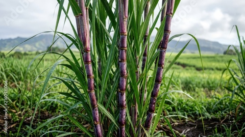 Close up of vibrant purple sugarcane stalks growing in a lush green field with distant mountains in the background