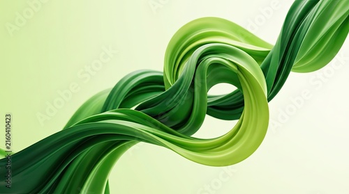 Abstract flowing green ribbon shape with smooth curves and elegant design against a light green gradient background for modern artistic concepts