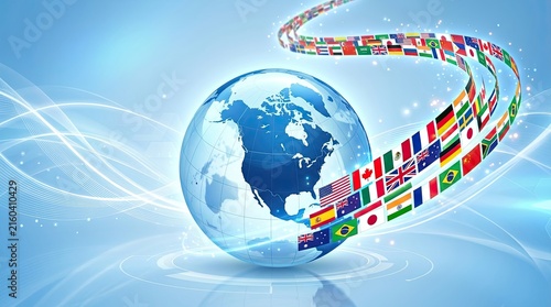 A vibrant illustration of planet earth surrounded by flowing flags representing global unity and international connections on a blue background