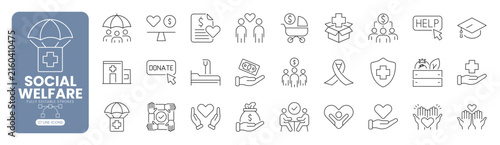 Social welfare and charity web line icon set with donation, healthcare, community support, humanitarian aid, nonprofit assistance and charitable giving concepts. Editable stroke