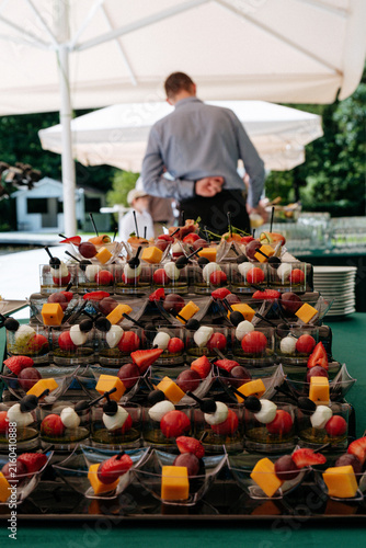 Elegant wedding reception buffet featuring fresh fruit and mozzarella appetizers in plastic cups