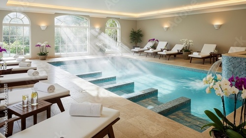 A bright, elegant indoor hydrotherapy pool featuring sunbeams streaming through arched windows, water jets, reclining loungers, and orchid floral decor.