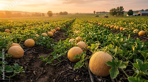Cantaloupe melons growing in rows on a sunny organic farm field at sunset